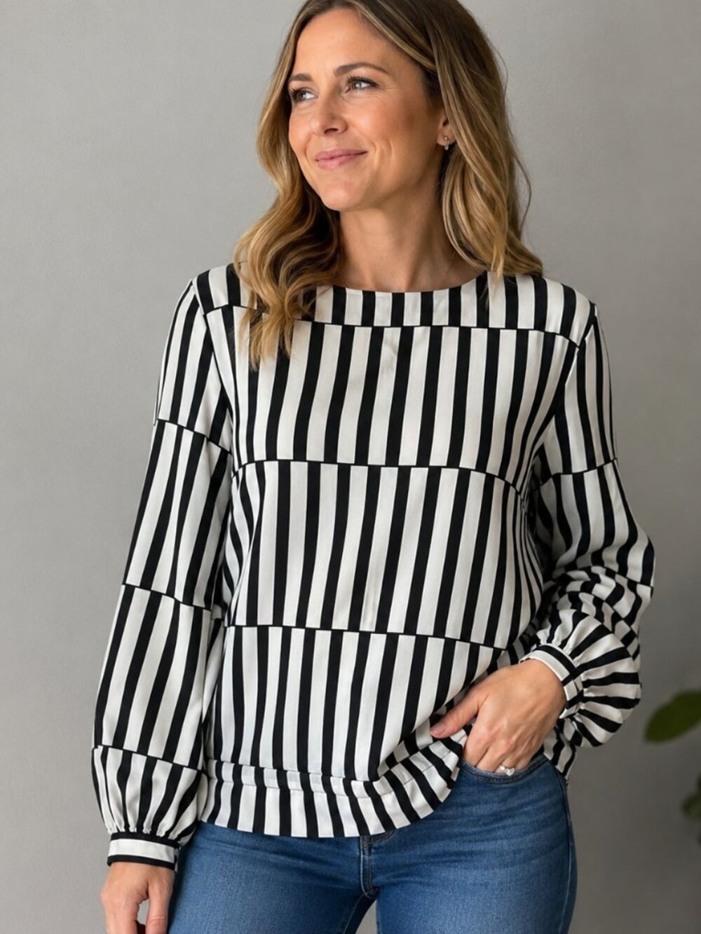 VTG 80s Beetlejuice Blouse Black White Block Stripe Geometric Top Lloyd Williams